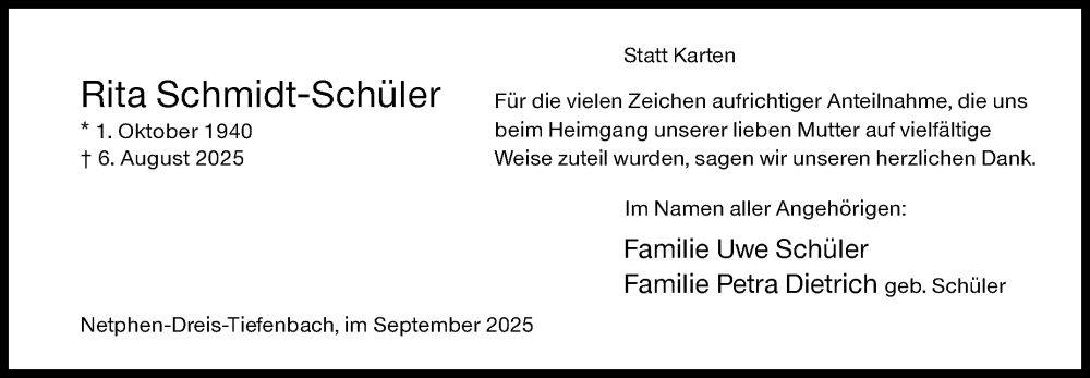  Traueranzeige für Rita Schmidt-Schüler vom 20.09.2025 aus Siegener Zeitung