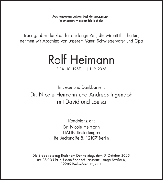 Traueranzeige von Rolf Heimann von Siegener Zeitung