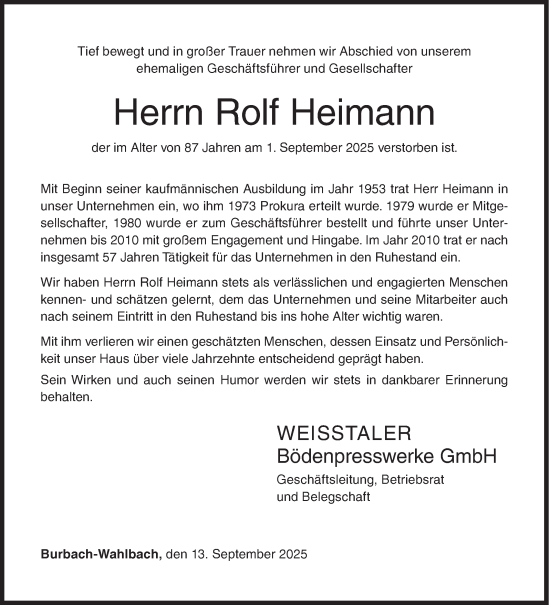 Traueranzeige von Rolf Heimann von Siegener Zeitung
