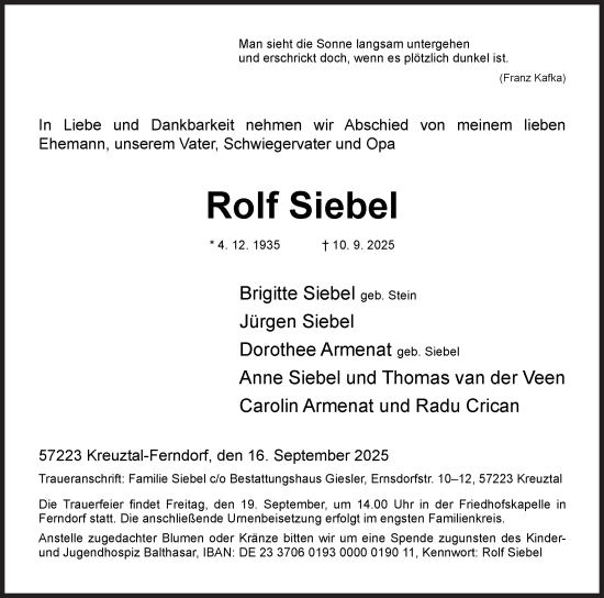 Traueranzeige von Rolf Siebel von Siegener Zeitung