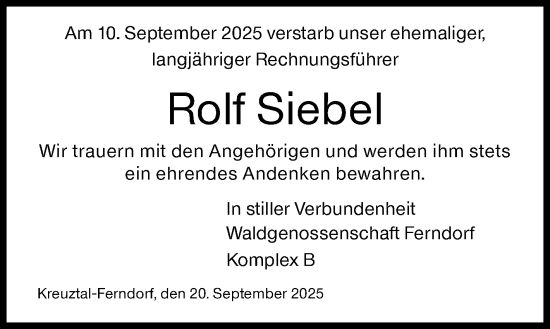 Traueranzeige von Rolf Siebel von Siegener Zeitung