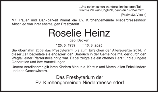 Traueranzeige von Roselie Heinz von Siegener Zeitung