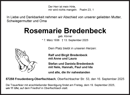 Traueranzeige von Rosemarie Bredenbeck von Siegener Zeitung
