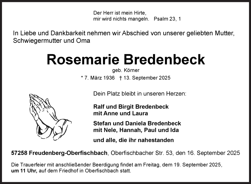  Traueranzeige für Rosemarie Bredenbeck vom 16.09.2025 aus Siegener Zeitung