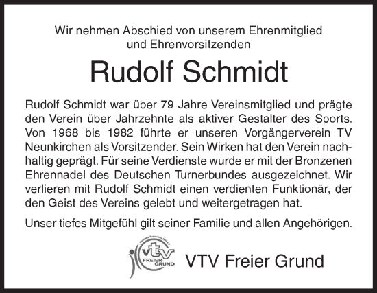 Traueranzeige von Rudolf Schmidt von Siegener Zeitung