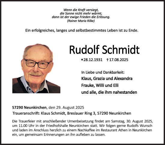 Traueranzeige von Rudolf Schmidt von Siegener Zeitung