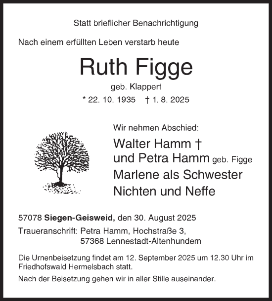 Traueranzeige von Ruth Figge von Siegener Zeitung
