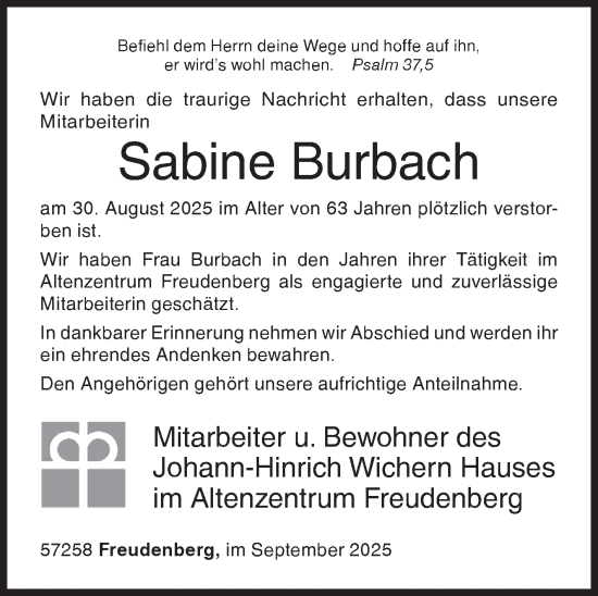 Traueranzeige von Sabine Burbach von Siegener Zeitung