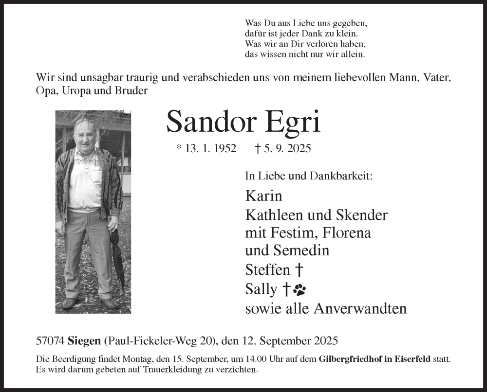  Traueranzeige für Sandor Egri vom 12.09.2025 aus Siegener Zeitung