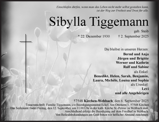 Traueranzeige von Sibylla Tiggemann von Siegener Zeitung
