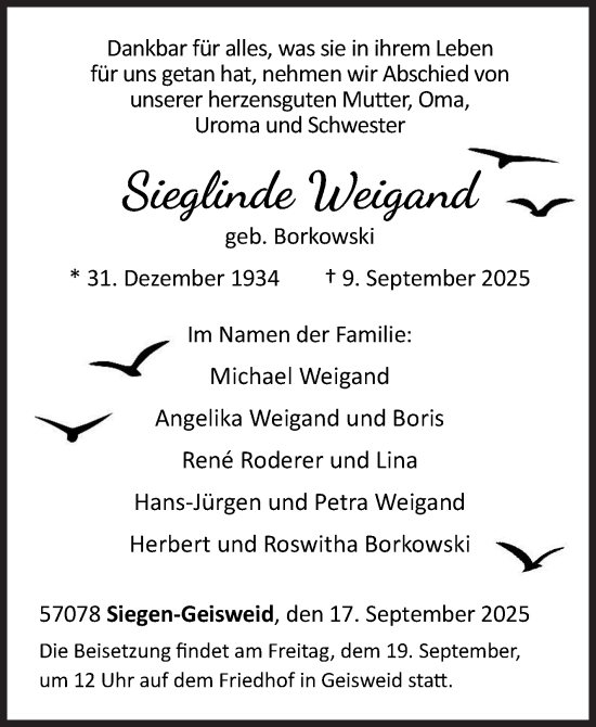 Traueranzeige von Sieglinde Weigand von Siegener Zeitung