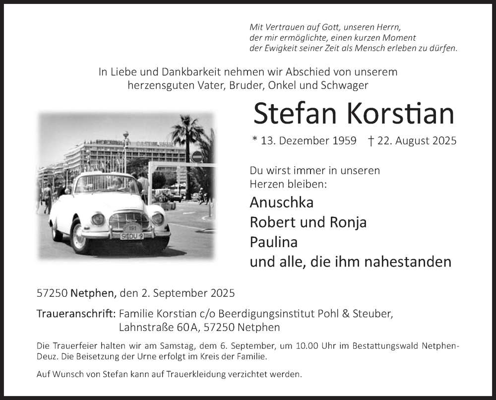  Traueranzeige für Stefan Korstian vom 02.09.2025 aus Siegener Zeitung