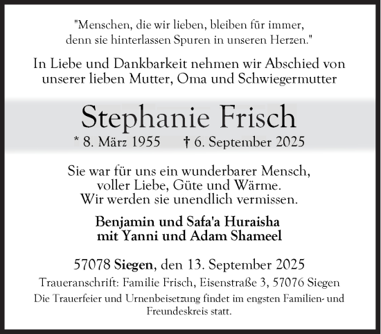 Traueranzeige von Stephanie Frisch von Siegener Zeitung