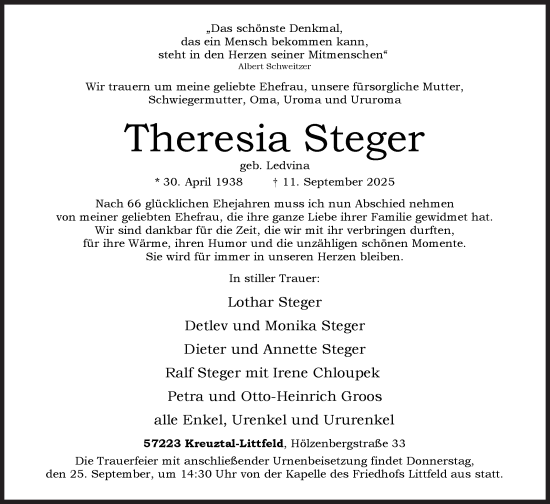 Traueranzeige von Theresia Steger von Siegener Zeitung