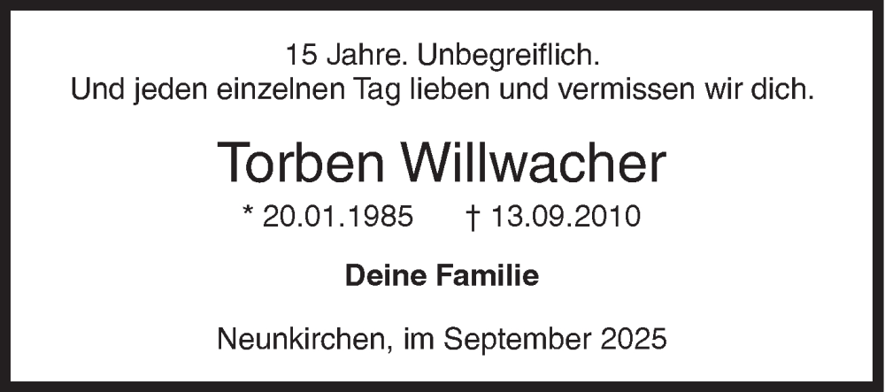  Traueranzeige für Torben Willwacher vom 13.09.2025 aus Siegener Zeitung