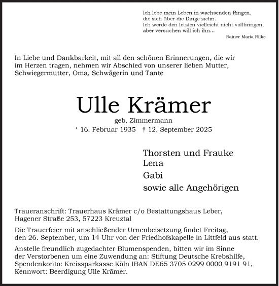 Traueranzeige von Ulle Krämer von Siegener Zeitung