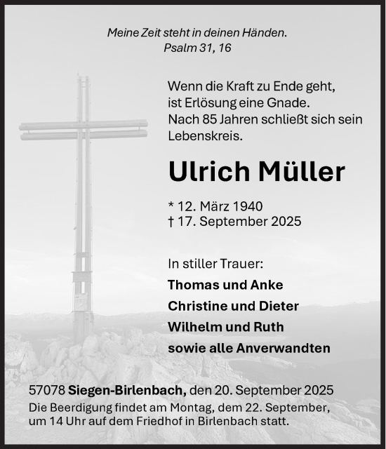 Traueranzeige von Ulrich Müller von Siegener Zeitung