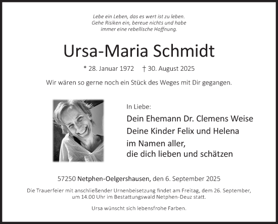 Traueranzeige von Ursa-Maria Schmidt von Siegener Zeitung
