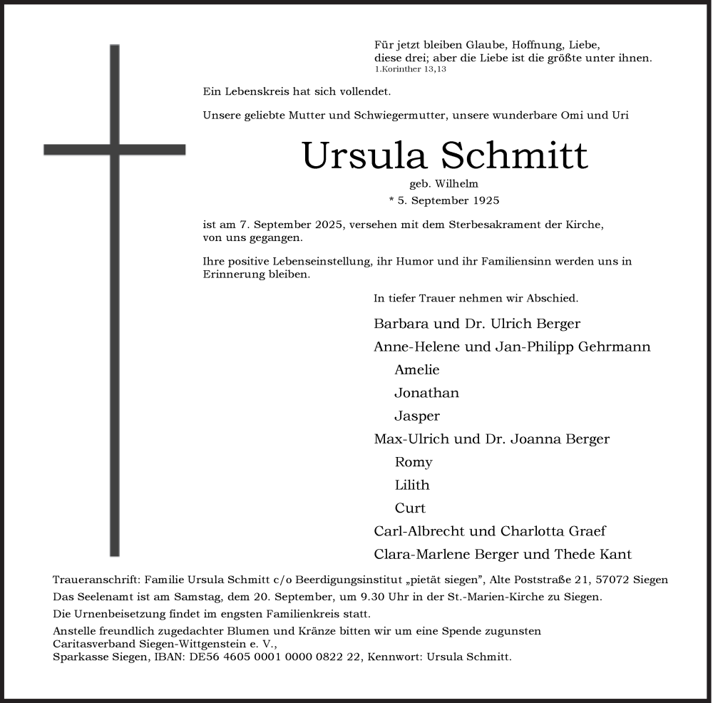  Traueranzeige für Ursula Schmitt vom 13.09.2025 aus Siegener Zeitung