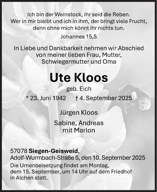 Traueranzeige von Ute Kloos von Siegener Zeitung
