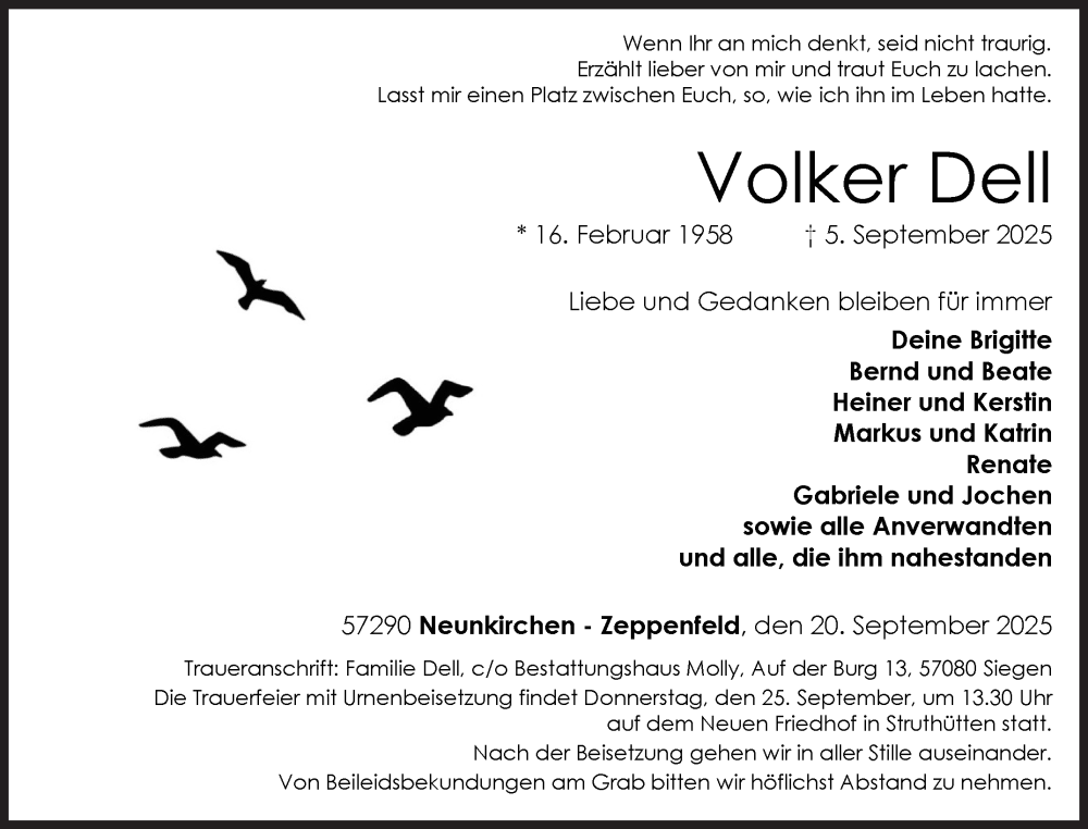  Traueranzeige für Volker Dell vom 20.09.2025 aus Siegener Zeitung