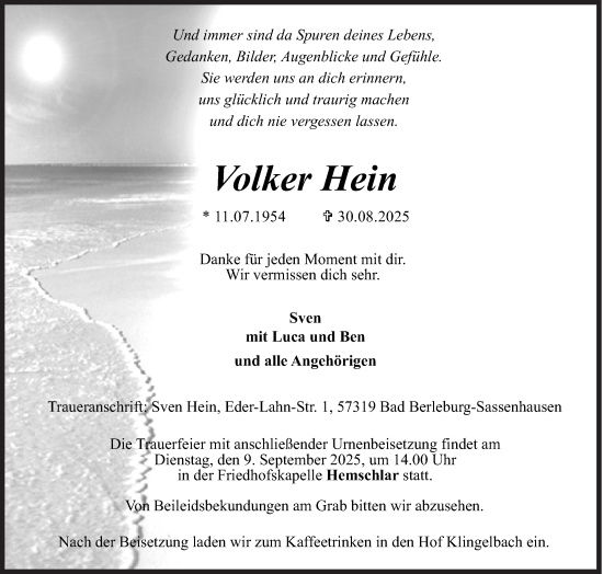 Traueranzeige von Volker Hein von Siegener Zeitung