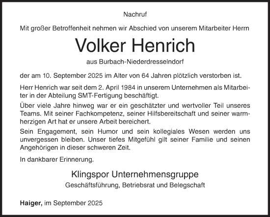 Traueranzeige von Volker Henrich von Siegener Zeitung