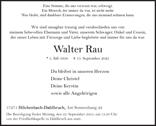 Traueranzeige von Walter Rau von Siegener Zeitung