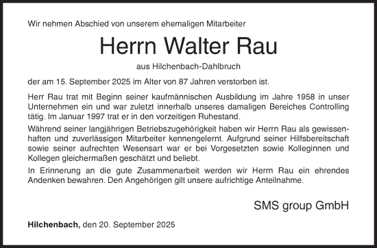 Traueranzeige von Walter Rau von Siegener Zeitung