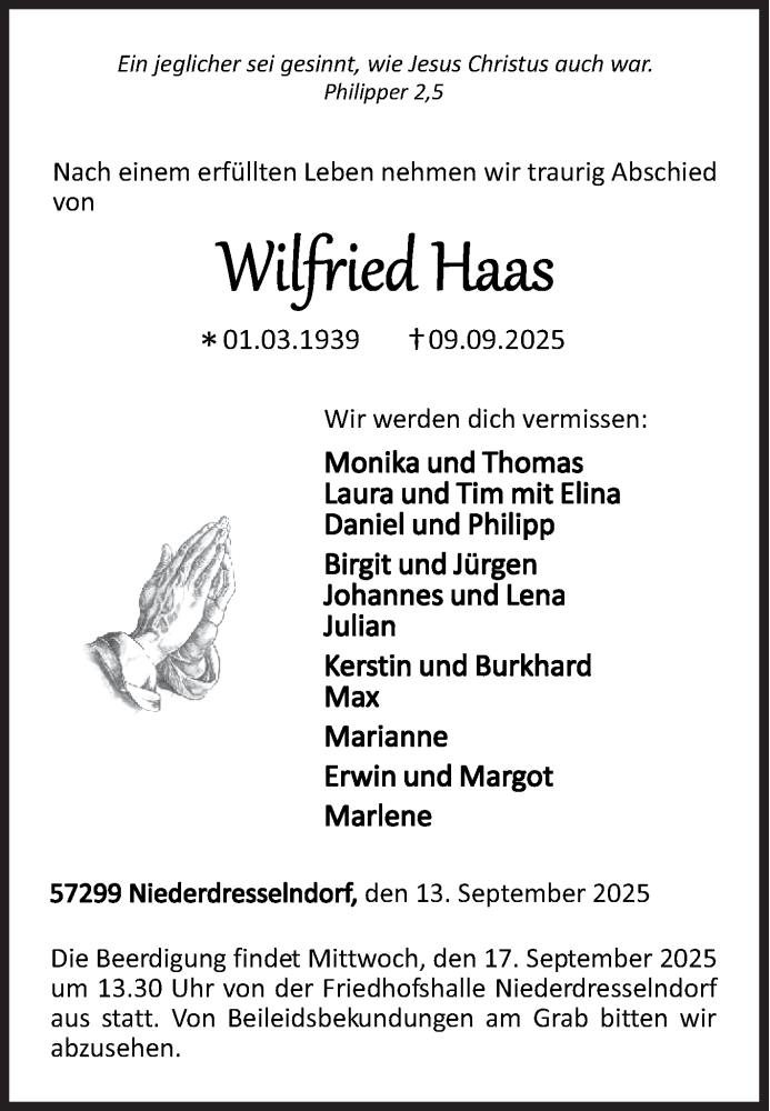  Traueranzeige für Wilfried Haas vom 13.09.2025 aus Siegener Zeitung
