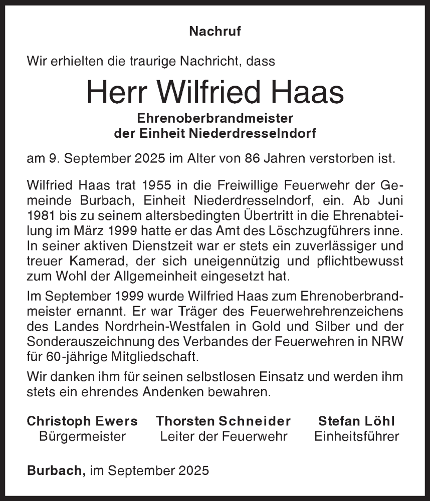 Traueranzeige für Wilfried Haas vom 19.09.2025 aus Siegener Zeitung