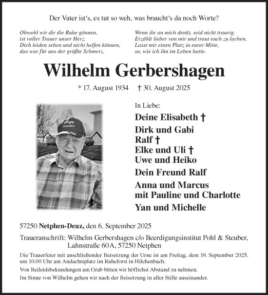 Traueranzeige von Wilhelm Gerbershagen von Siegener Zeitung