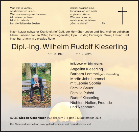 Traueranzeige von Wilhelm Rudolf Kieserling von Siegener Zeitung