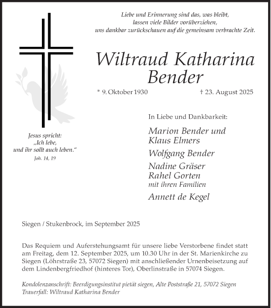 Traueranzeige von Wiltraud Katharina Bender von Siegener Zeitung