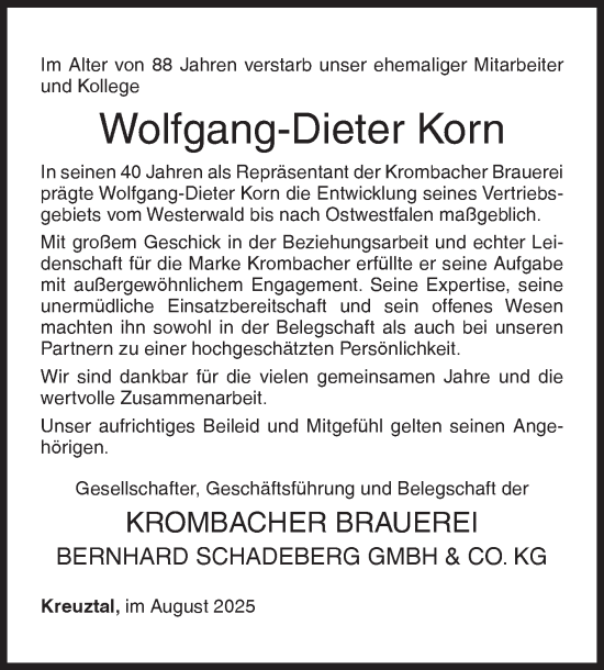 Traueranzeige von Wolfgang-Dieter Korn von Siegener Zeitung
