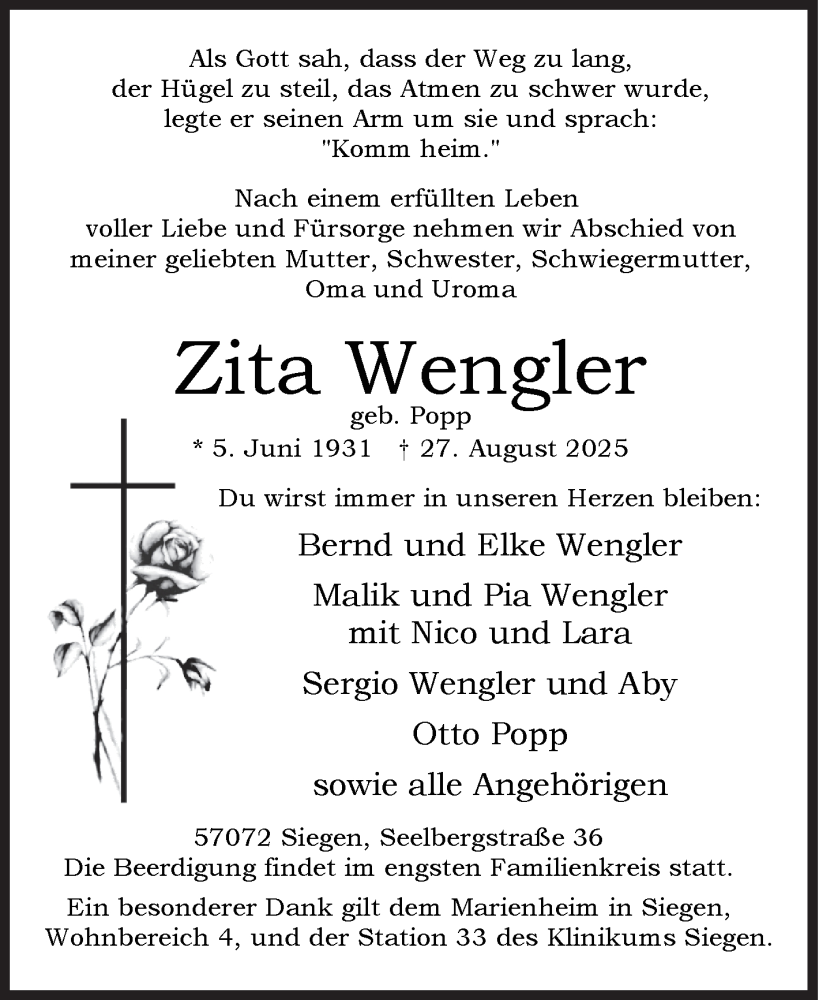  Traueranzeige für Zita Wengler vom 30.08.2025 aus Siegener Zeitung