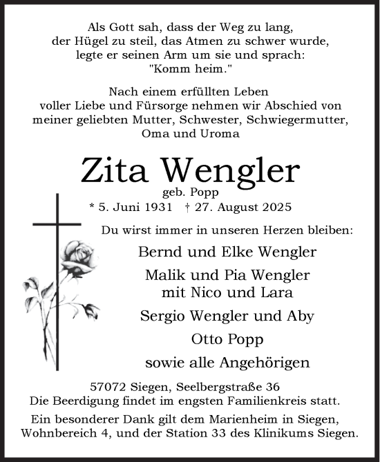 Traueranzeige von Zita Wengler von Siegener Zeitung