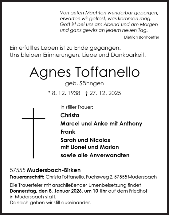 Traueranzeige von Agnes Toffanello von Siegener Zeitung