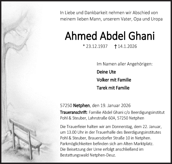 Traueranzeige von Ahmed Abdel Ghani von Siegener Zeitung