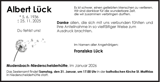 Traueranzeige von Albert Lück von Siegener Zeitung