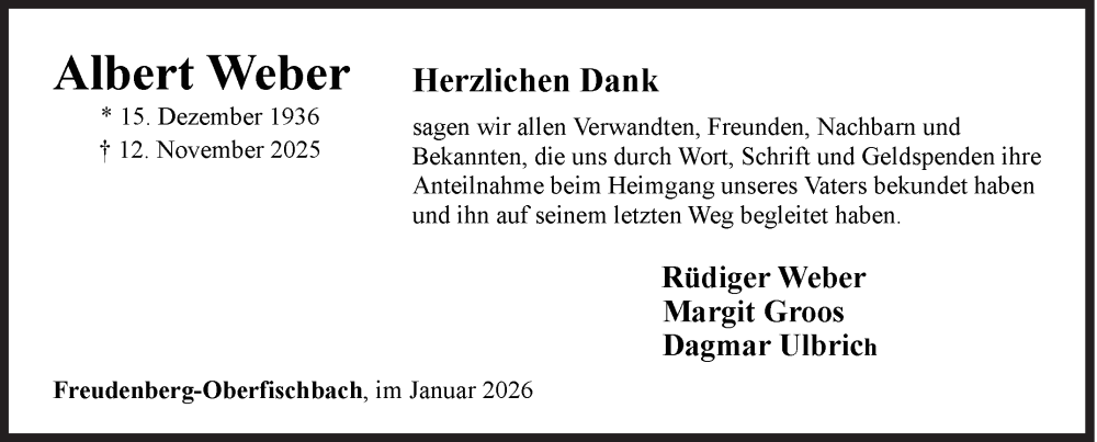  Traueranzeige für Albert Weber vom 10.01.2026 aus Siegener Zeitung