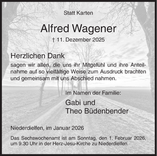 Traueranzeige von Alfred Wagener von Siegener Zeitung