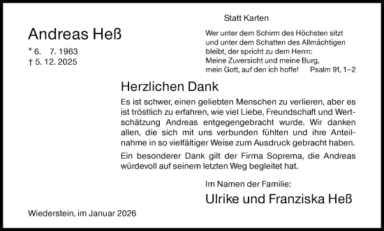 Traueranzeige von Andreas Heß von Siegener Zeitung