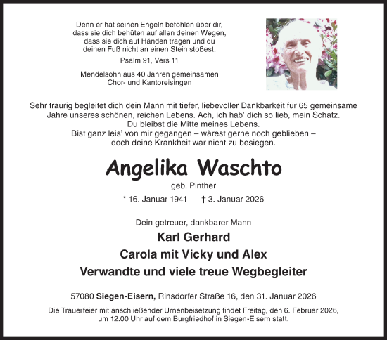 Traueranzeige von Angelika Waschto von Siegener Zeitung