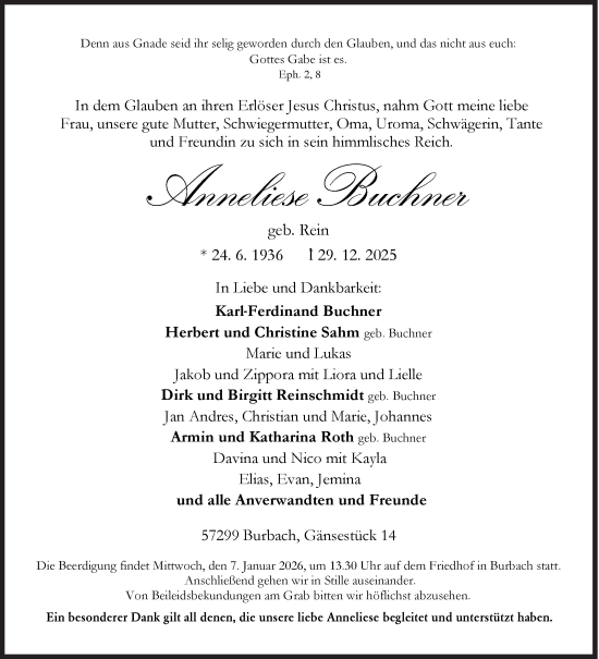 Traueranzeige von Anneliese Buchner von Siegener Zeitung