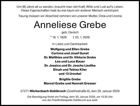 Traueranzeige von Anneliese Grebe von Siegener Zeitung
