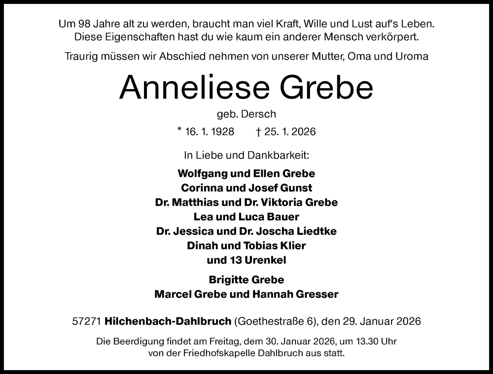 Traueranzeige für Anneliese Grebe vom 29.01.2026 aus Siegener Zeitung