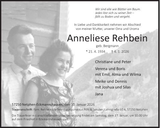 Traueranzeige von Anneliese Rehbein von Siegener Zeitung