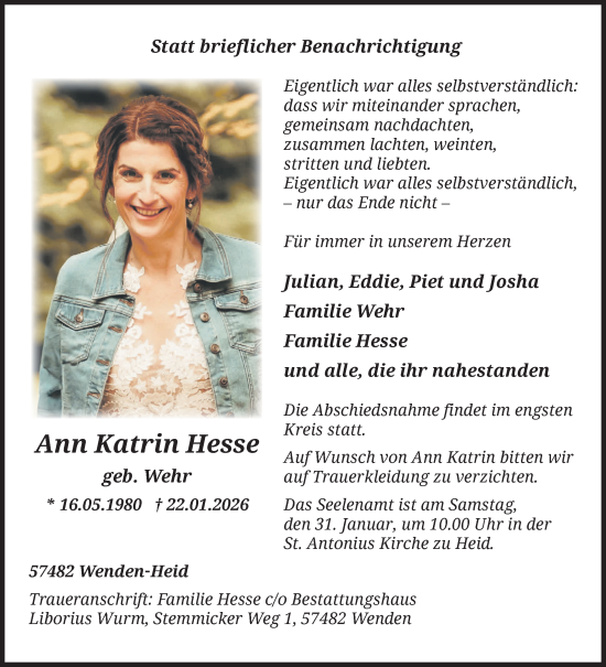 Traueranzeige von Ann Katrin Hesse von Siegener Zeitung