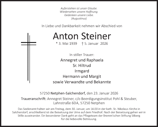 Traueranzeige von Anton Steiner von Siegener Zeitung